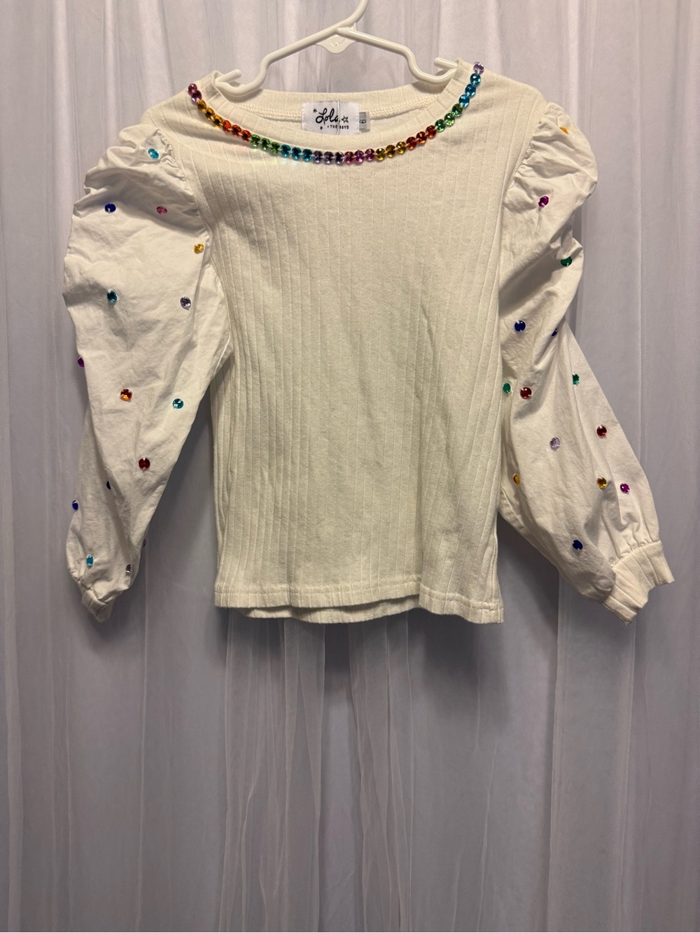 Lola + The Boys Cream Puff-Sleeve Top with Rainbow Gem Neckline size 6